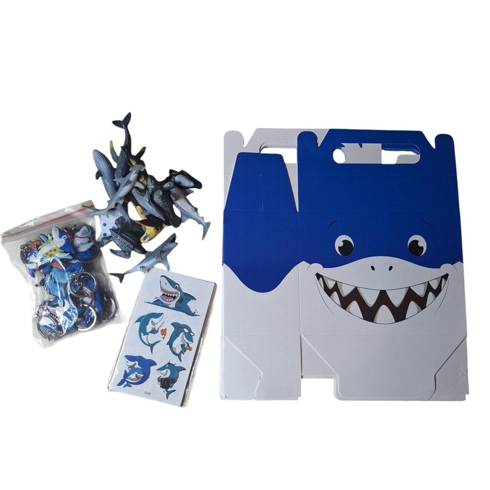 Shark Kids Party‎ Favor Set Keychains Boxes Tattoos Toy Whale Sea Life Animals